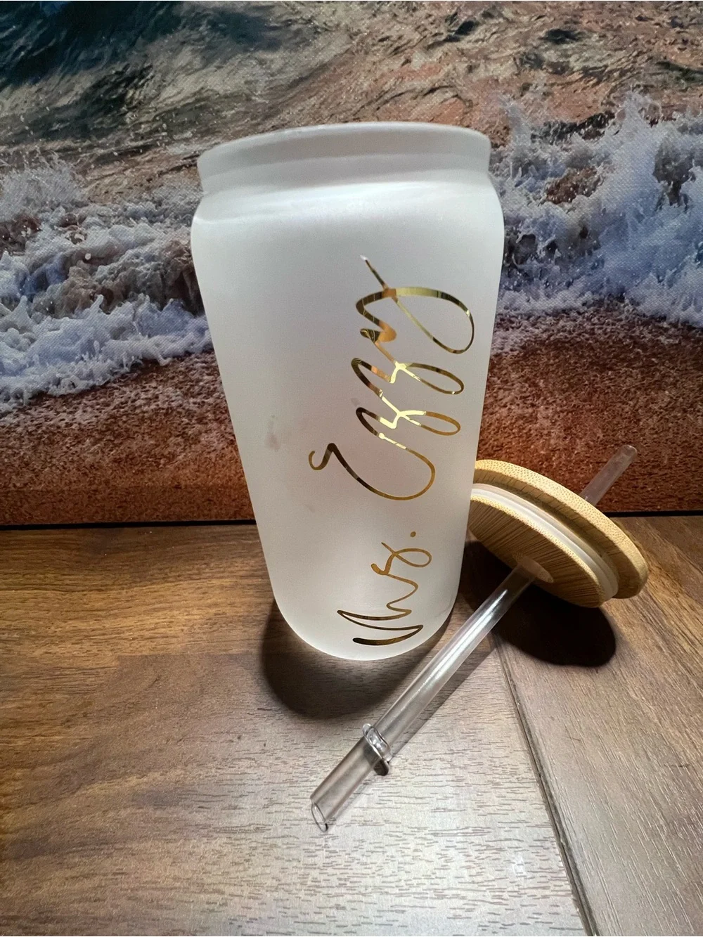 Personalized Frosted Glass Tumbler with Gold Script and Bamboo Lid